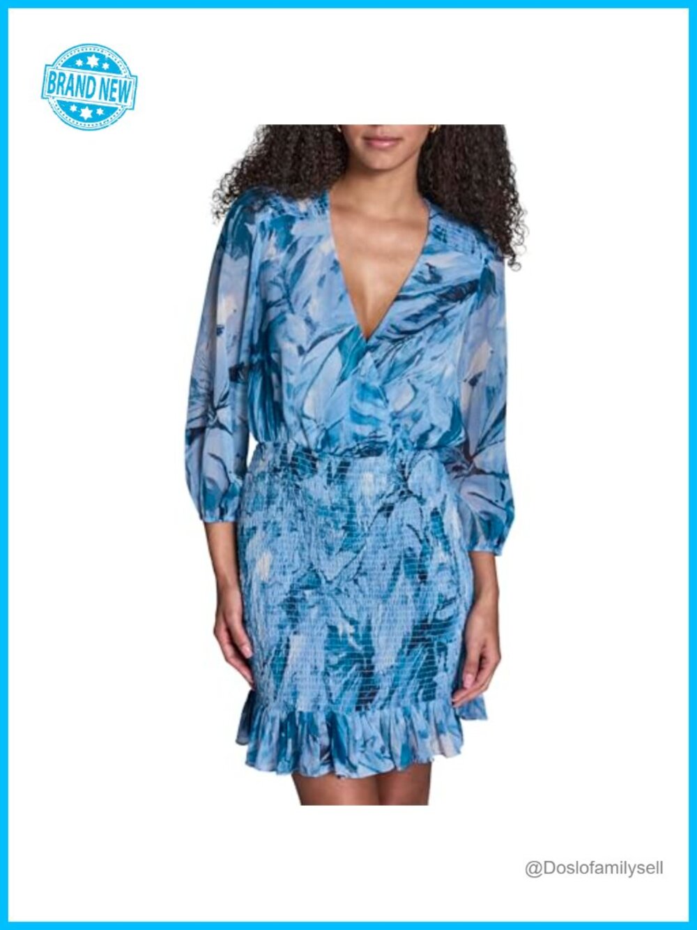 Long Sleeve V Neck Smocked Chiffon Ruffle Hem Mini Dress